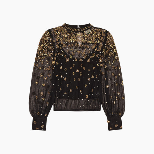 Farm Rio Black Embroidered Bubble Tulle Blouse