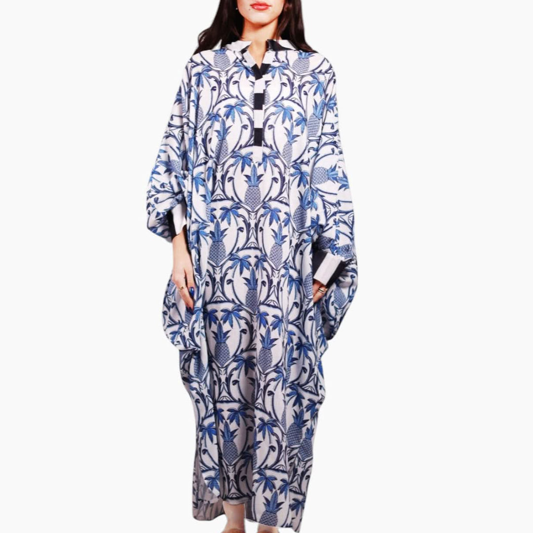 Blue Pineapple Balloon Sleeve Dress - HUNA