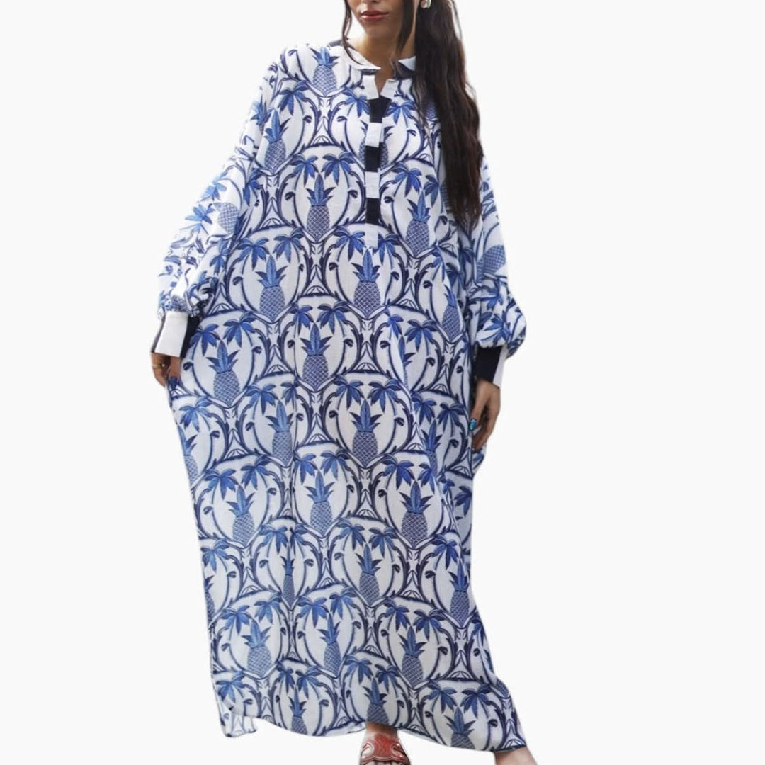 Blue Pineapple Balloon Sleeve Dress - HUNA