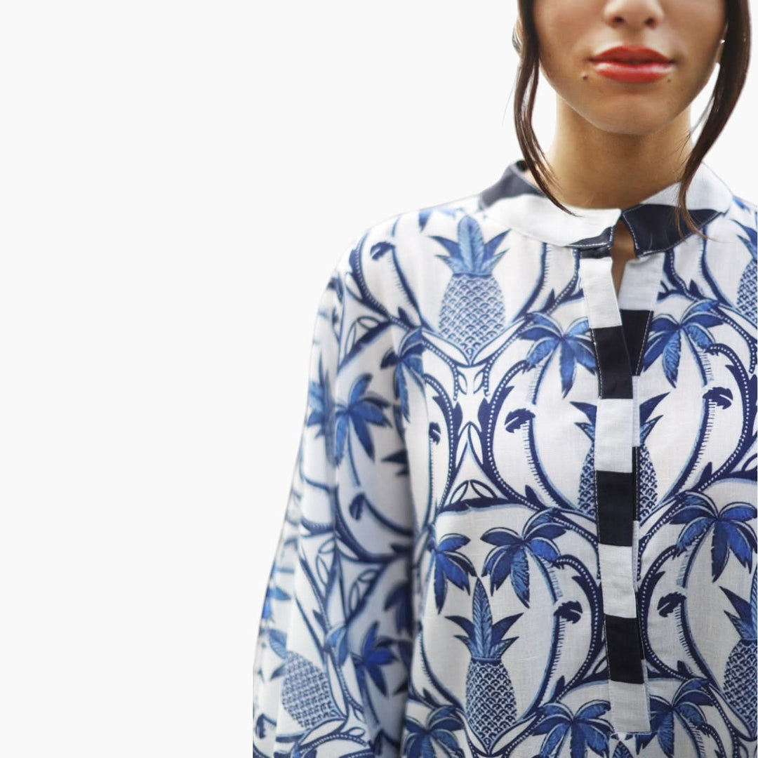 Blue Pineapple Balloon Sleeve Dress - HUNA