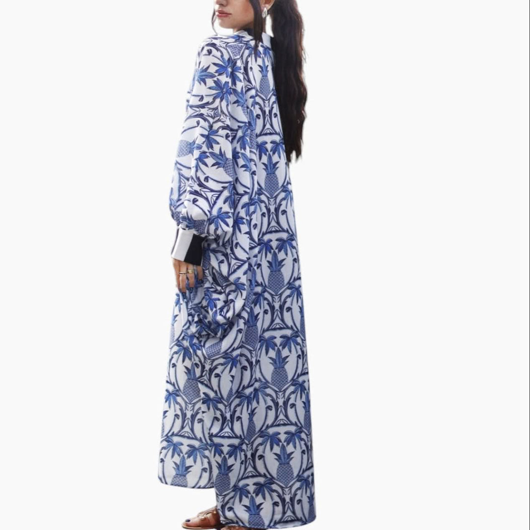 Blue Pineapple Balloon Sleeve Dress - HUNA