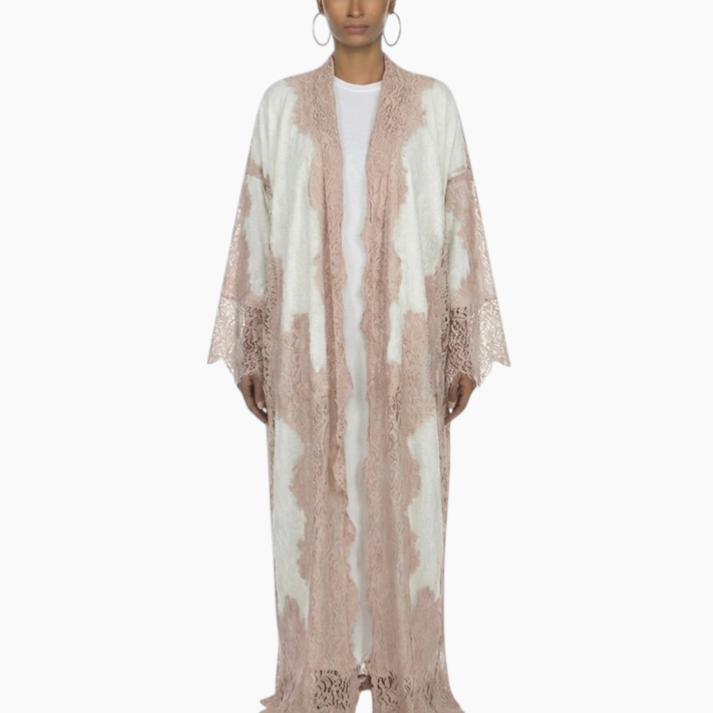 Blush Lace Panel Open Abaya with Soft Contrast Detailing Blush Lace Panel Open Abaya with Soft Contrast Detailing