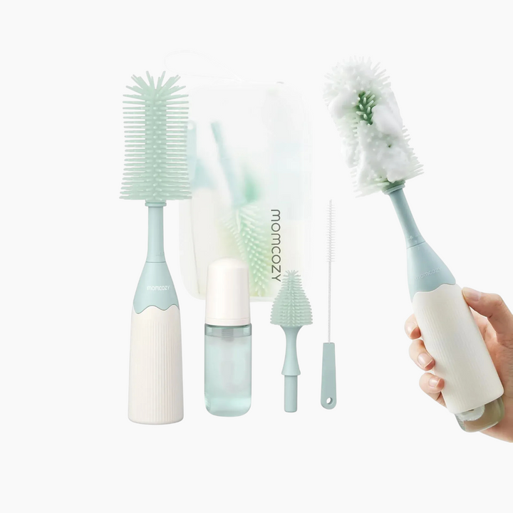 Momcozy bottle brush kit with innovative push-press design and silicone bristles