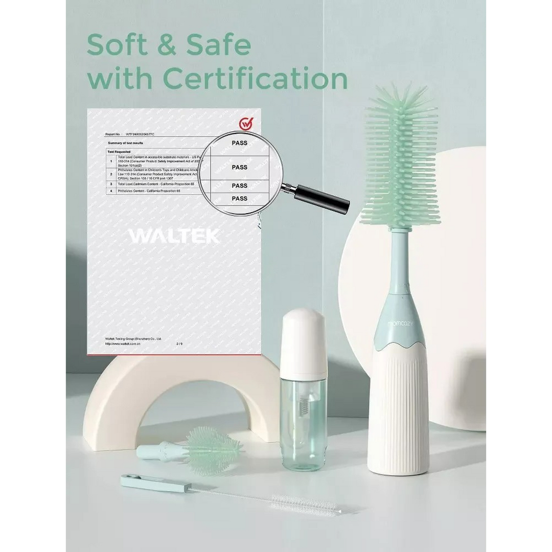 Momcozy bottle brush kit with innovative push-press design and silicone bristles