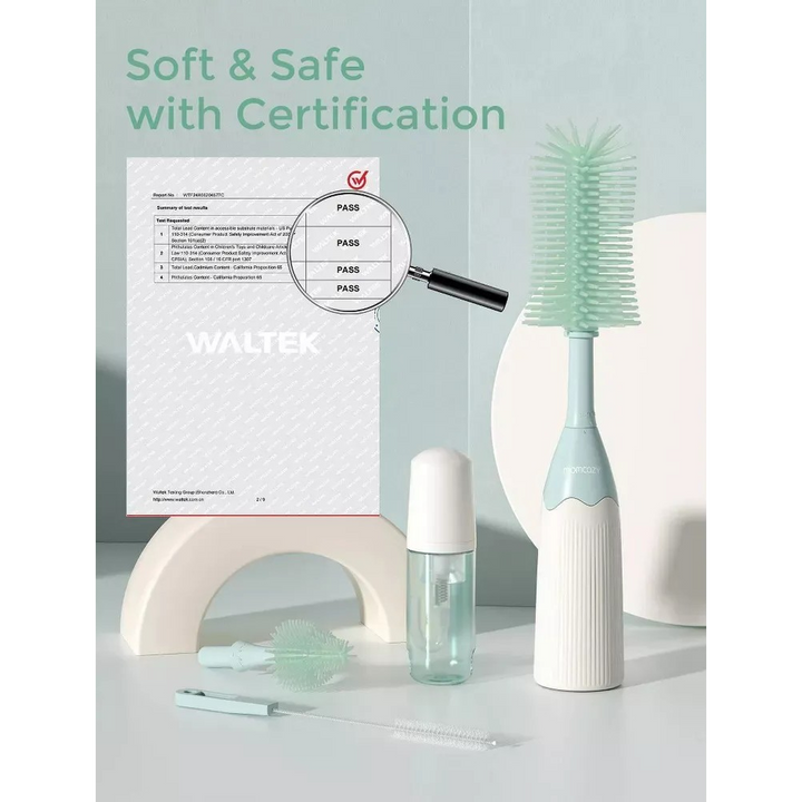 Momcozy bottle brush kit with innovative push-press design and silicone bristles