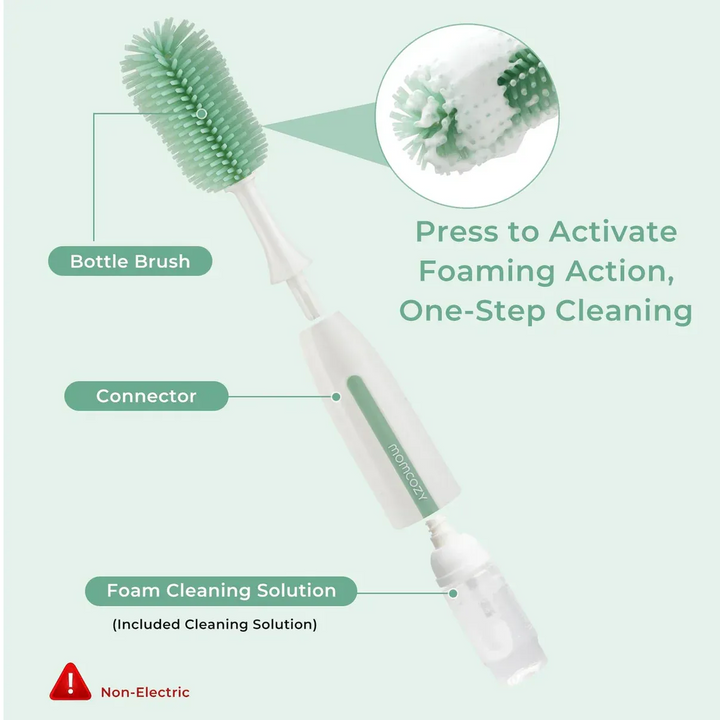 Momcozy bottle brush kit with innovative push-press design and silicone bristles