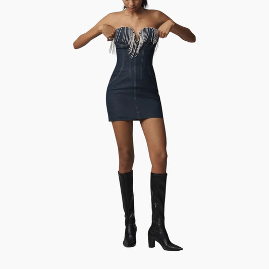 Elliatt Bree Fringed Strapless Denim Mini Dress