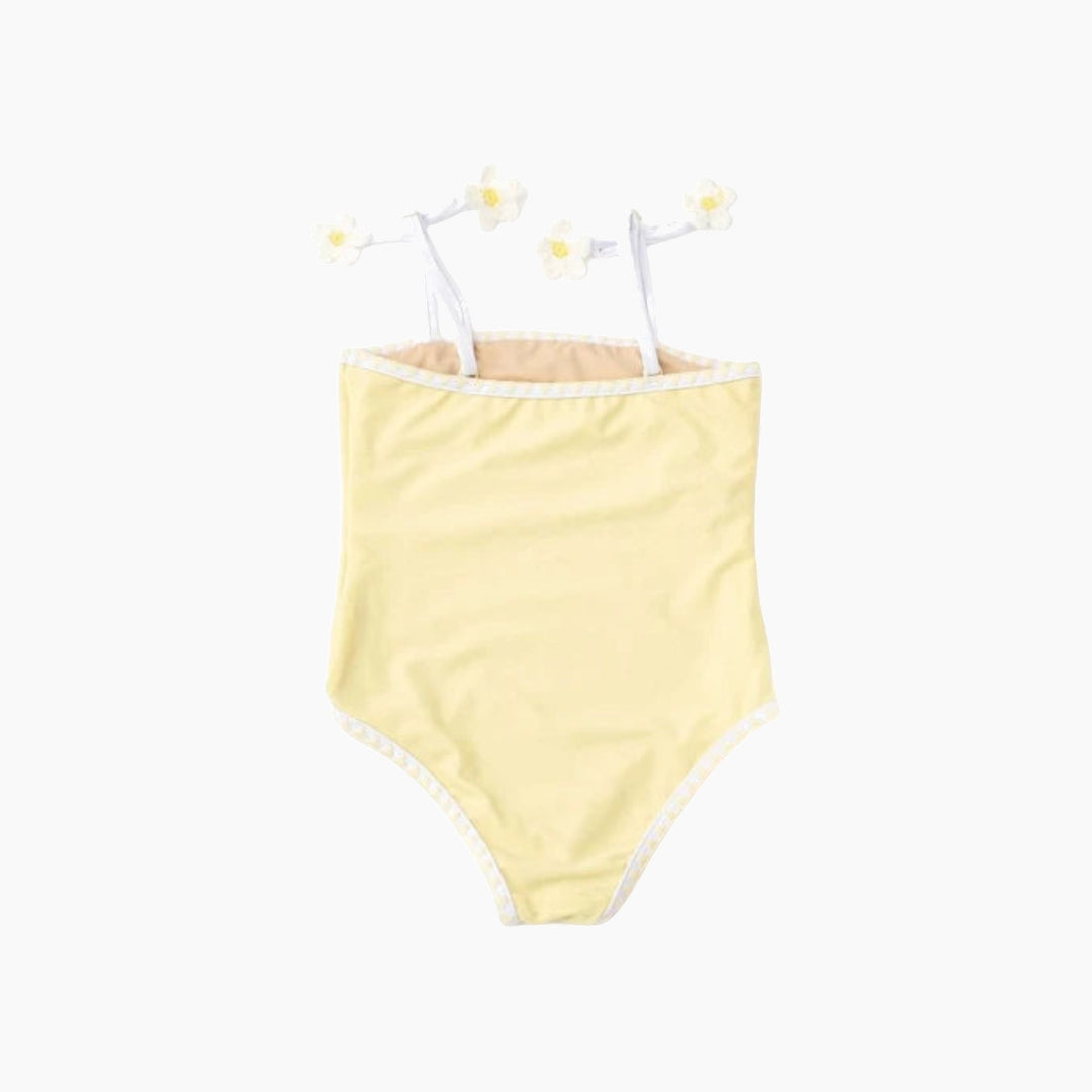 Girls crochet one piece swimsuit with yellow daisies and white trim