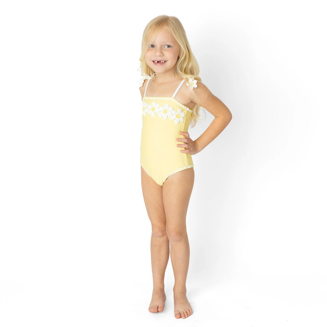 Girls butter yellow crochet one piece swimsuit with daisy appliqués
