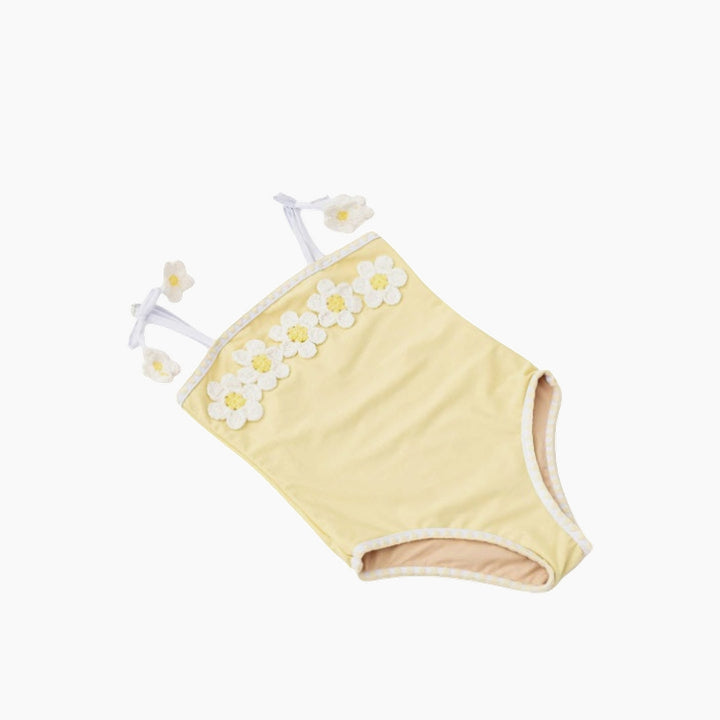 Girls crochet one piece swimsuit in butter yellow with 3D daisy appliqués