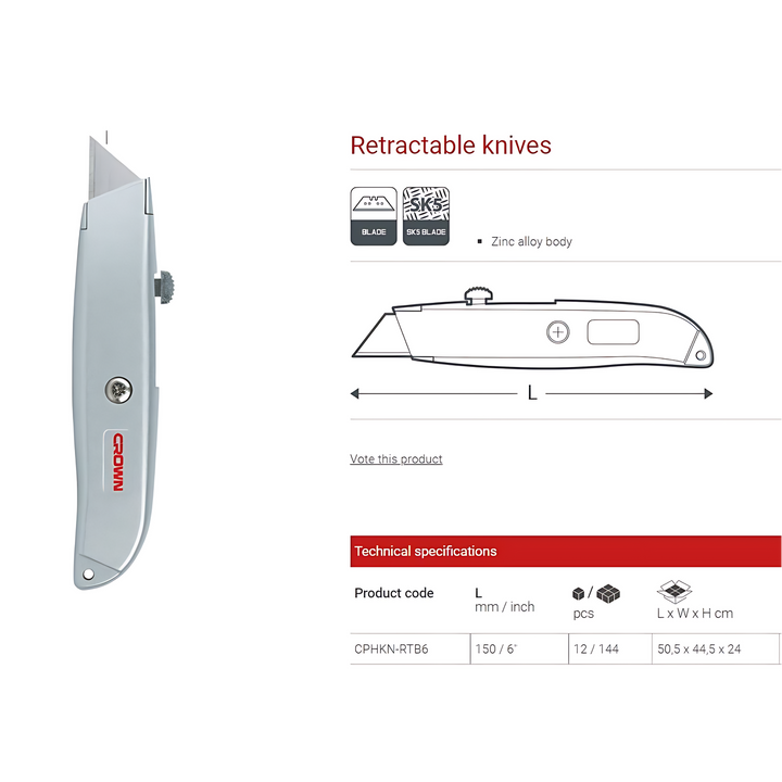Crown Retractable Utility Knife - Trapezoidal Blades, 150mm