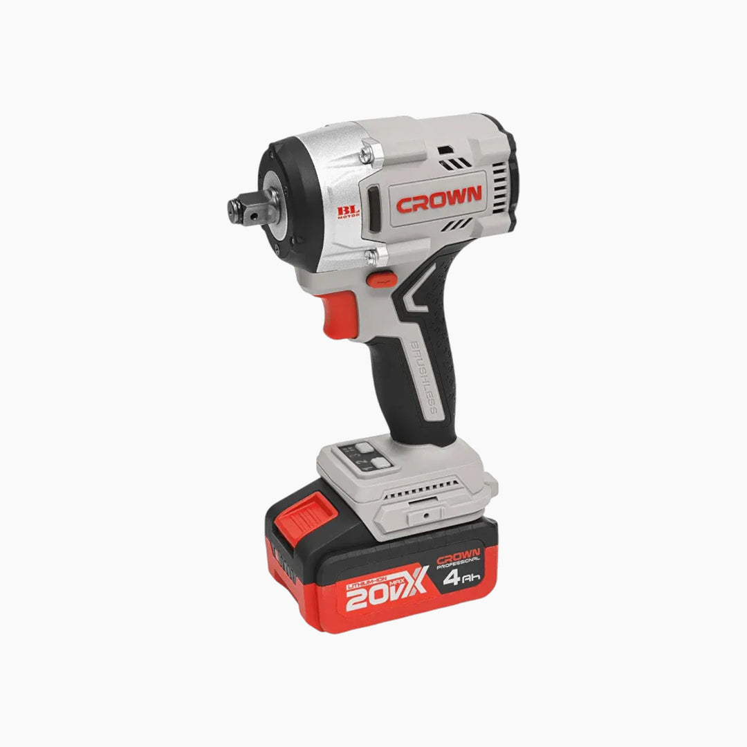 Crown Cordless Brushless Impact Wrench - 20V, 1/2" (12.7mm), 550Nm, 0–1800 / 2300 / 2800 RPM, 4Ah, with Batteries &amp; Charger