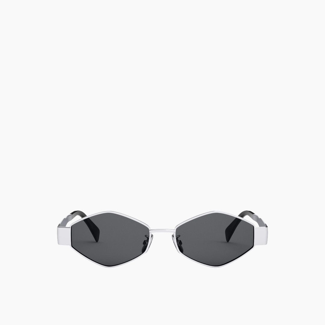Celine Triomphe CL40254U shiny silver metal rectangle sunglasses with grey mirrored lenses