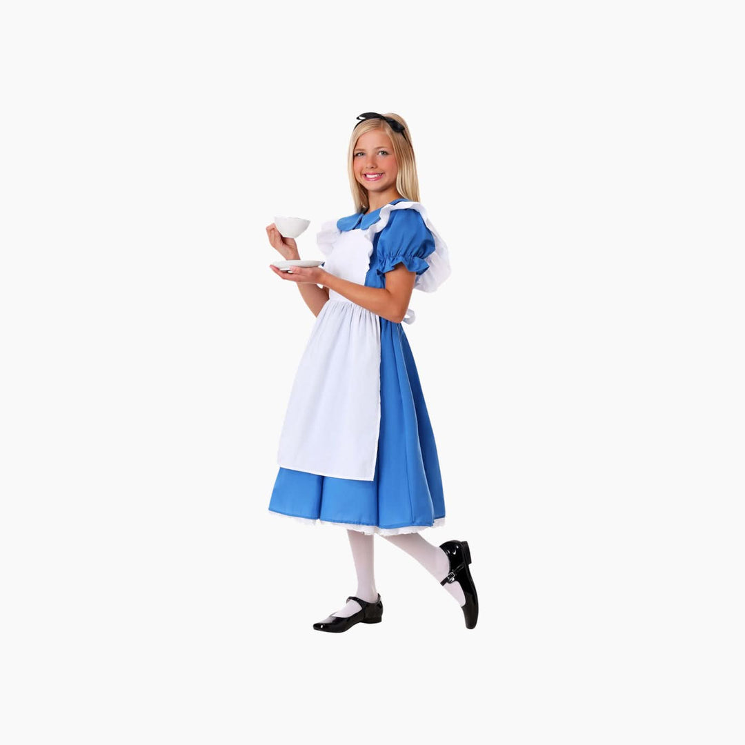 Child Alice costume set with blue dress, white apron, and black ribbon