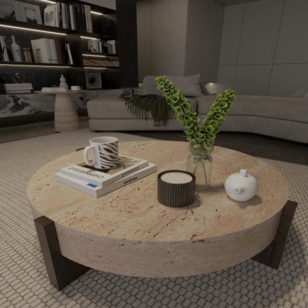 Round Thick-Top Travertine Coffee Table