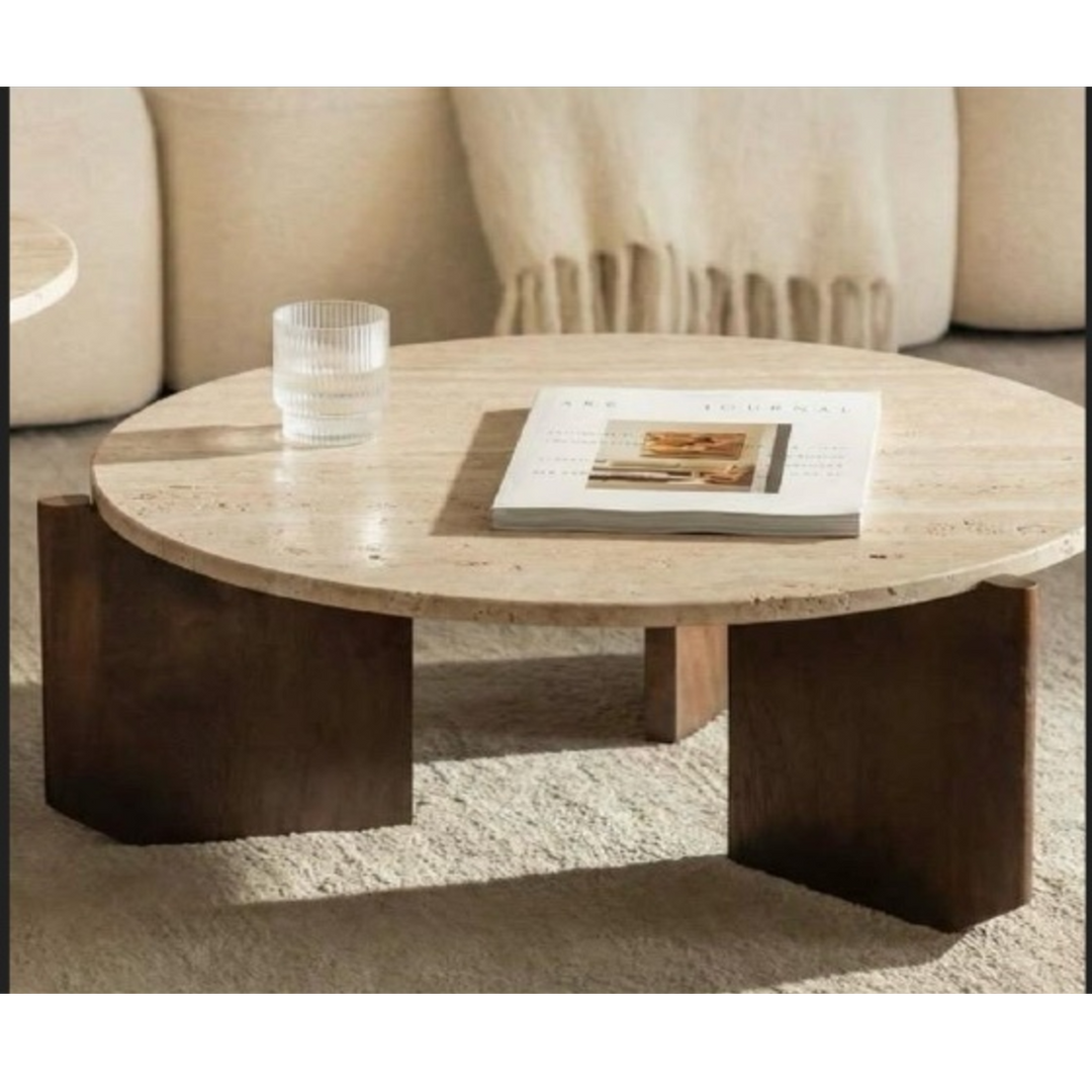 Round Tripod Travertine Coffee Table