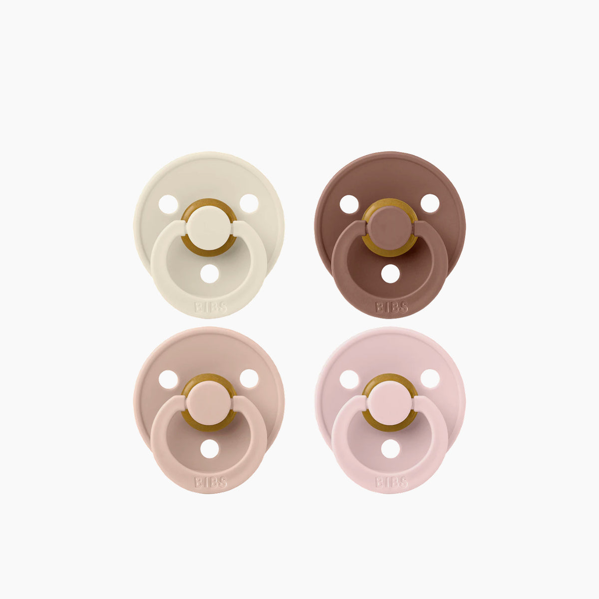 Bibs pacifiers in Ivory, Blush, Woodchuck, and Blossom colors, Size 1