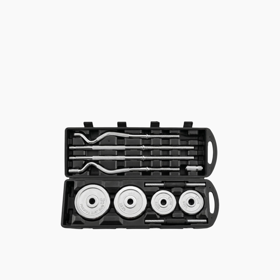 Complete Chrome Iron Weight Set 55 kg with EZ Curl and Straight Bars