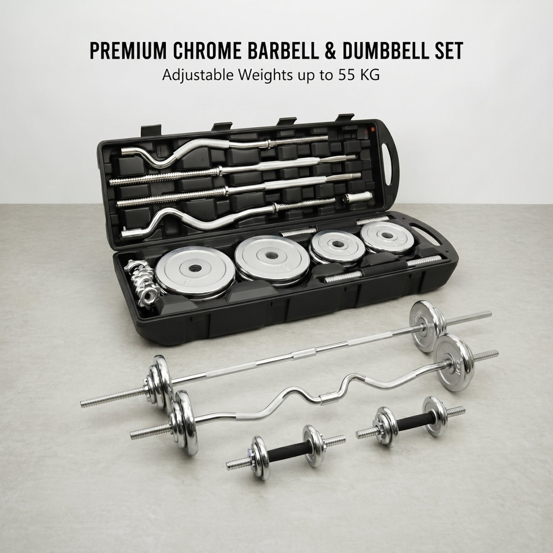 Complete Chrome Iron Weight Set 55 kg with EZ Curl and Straight Bars