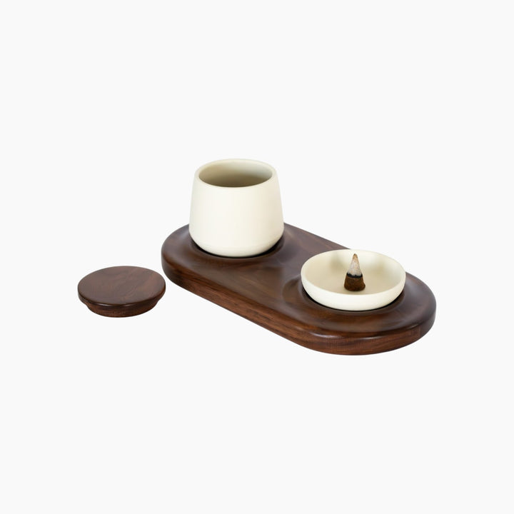 Joyce Spasioti Designs Cones Incense Set with walnut base and ceramic storage piece