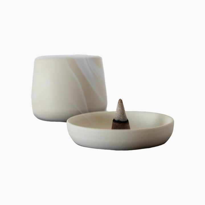 Joyce Spasioti Designs incense set with walnut base and ceramic burner