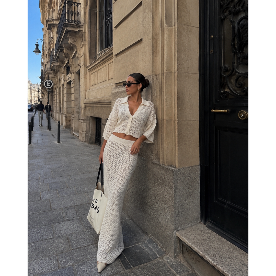 Crochet Knit Cardigan &amp; Maxi Skirt Set