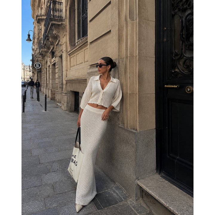 Crochet Knit Cardigan &amp; Maxi Skirt Set