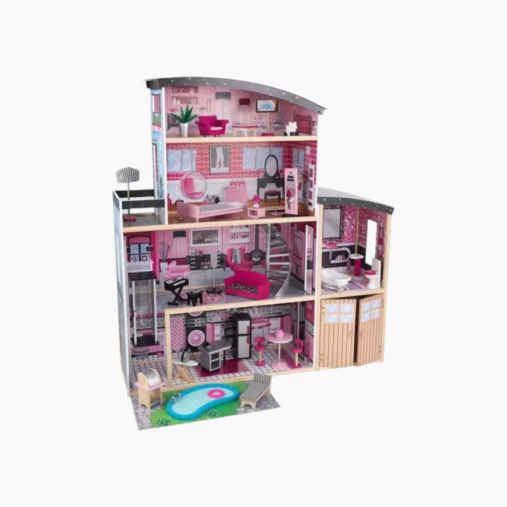 Kidkraft Sparkle Mansion dollhouse with four floors and a swimming pool