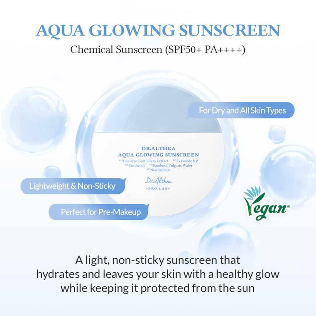 Dr. Althea Aqua Glowing Sunscreen with a radiant, dewy finish