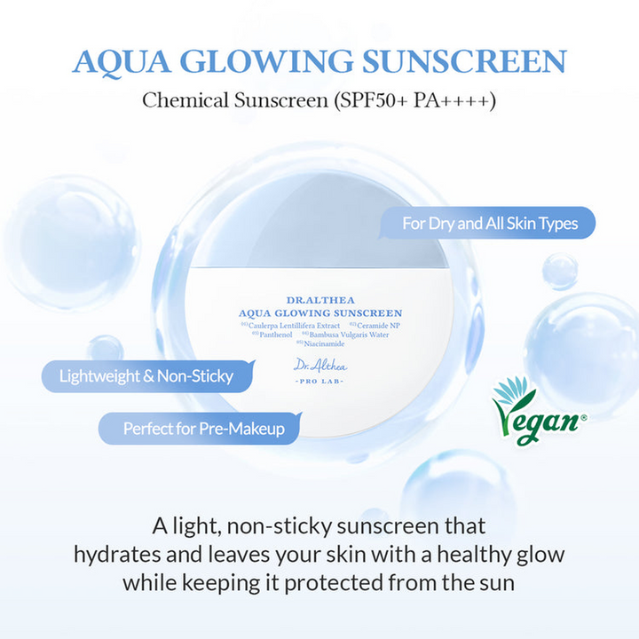 Dr. Althea Aqua Glowing Sunscreen with a radiant, dewy finish