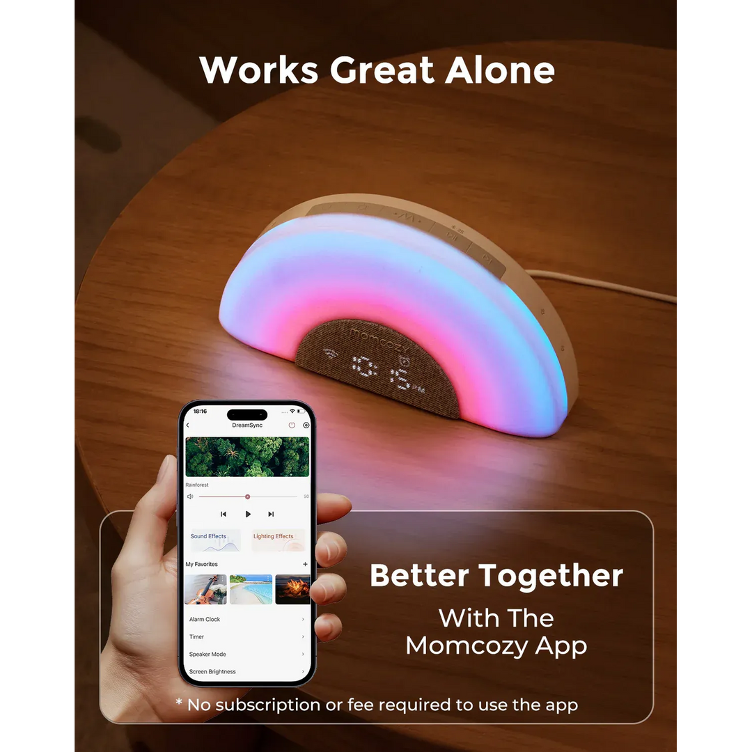 Momcozy Dreamsync Tech smart baby sound machine with rainbow lights
