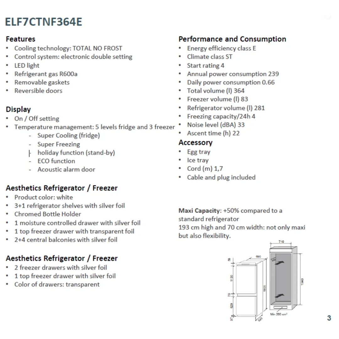 Elba Refrigerator Built-in 364 L With Humidity Control and Eco System