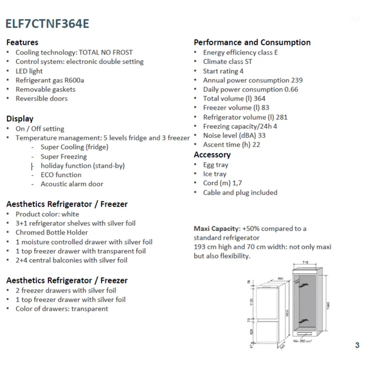 Elba Refrigerator Built-in 364 L With Humidity Control and Eco System