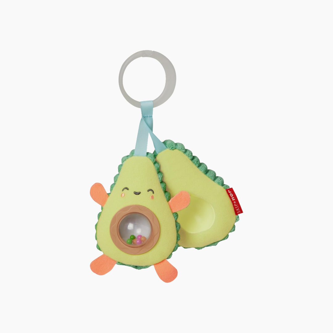 Plush avocado stroller toy with rattle pit