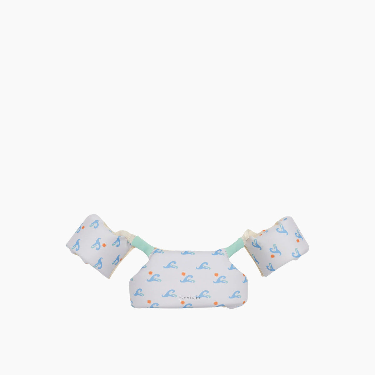 SunnyLife Floatie Jacket in Sammy the Seagull Blue Wave for 3-6 month olds, made from sustainable natural rubber.