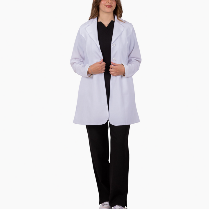 White feminine overcoat with floral embroidered sleeves