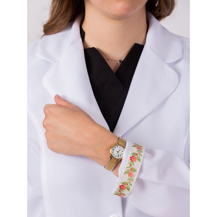 S7 Medical Floracoat feminine overcoat in white with floral embroidered sleeves