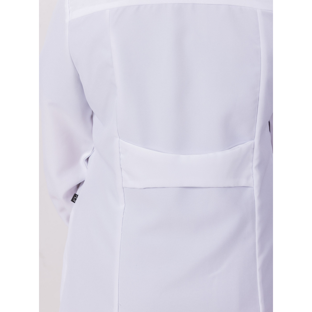 S7 Medical Floracoat feminine overcoat in white with floral embroidered sleeves
