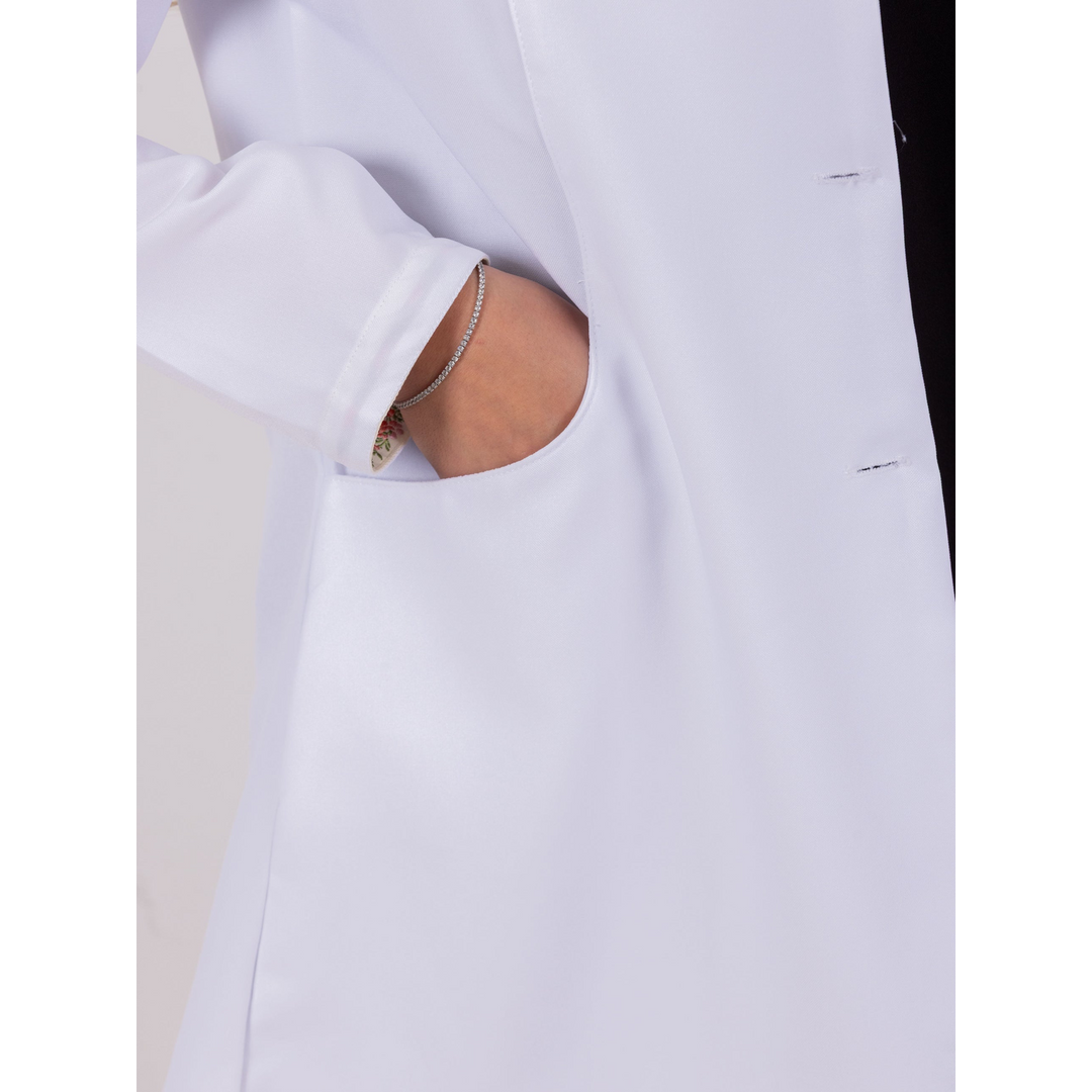 S7 Medical Floracoat feminine overcoat in white with floral embroidered sleeves