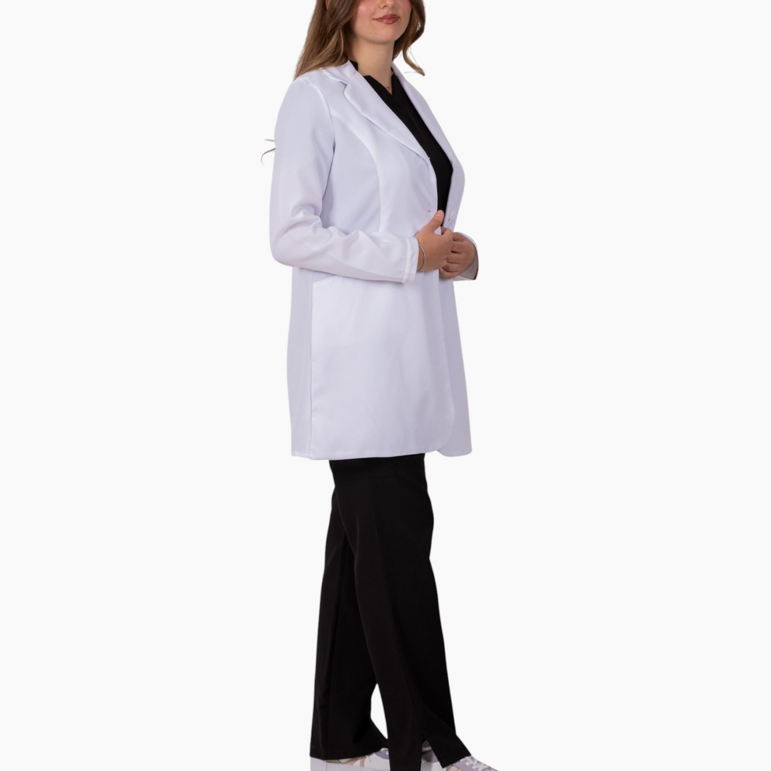 S7 Medical Floracoat feminine overcoat in white with floral embroidered sleeves
