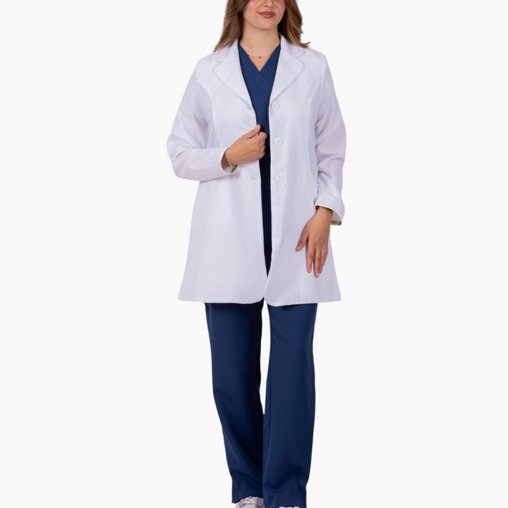 S7 Medical Floracoat feminine overcoat in white with floral embroidered sleeves