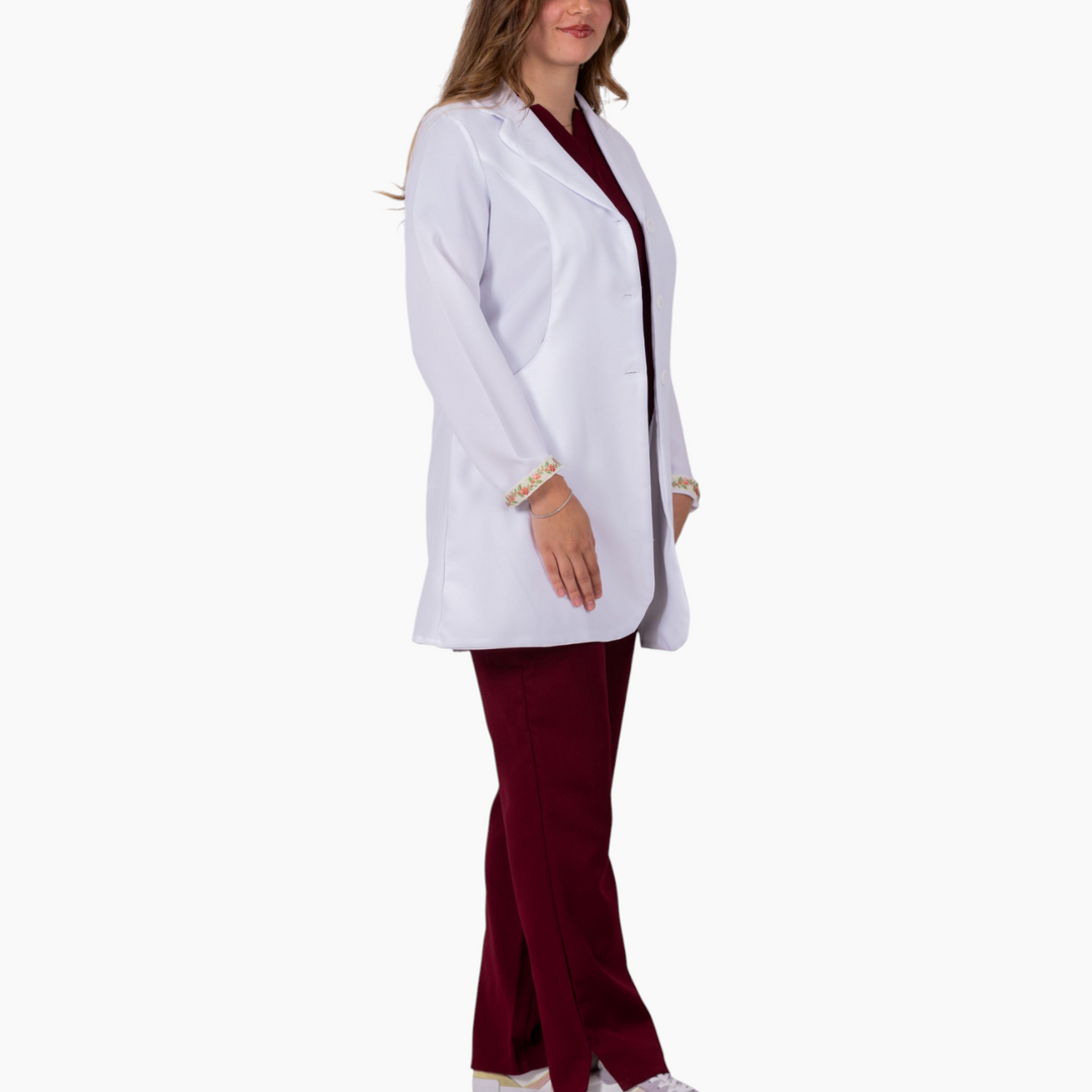 S7 Medical Floracoat feminine overcoat in white with floral embroidered sleeves