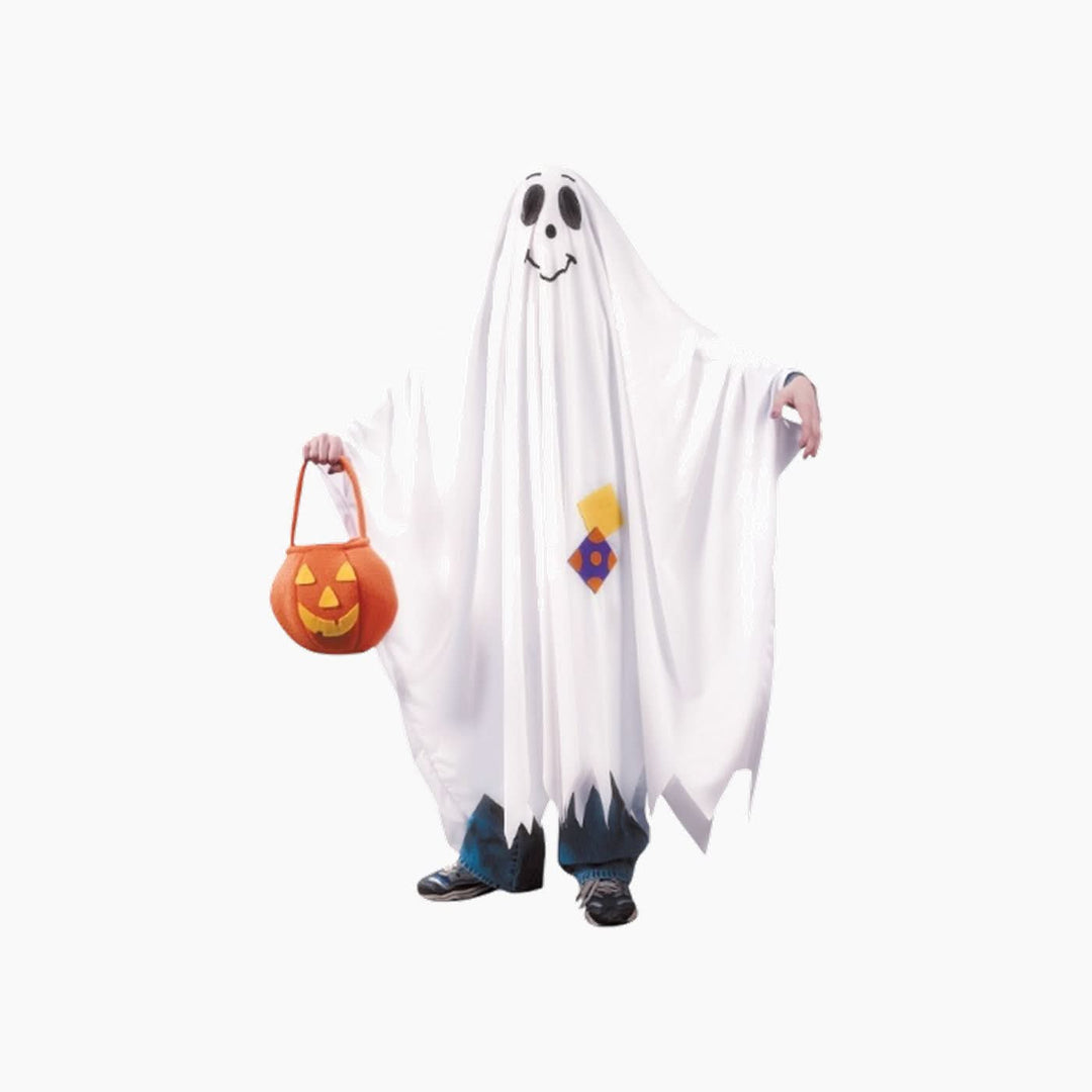 One-piece friendly ghost costume set with patches, size small
