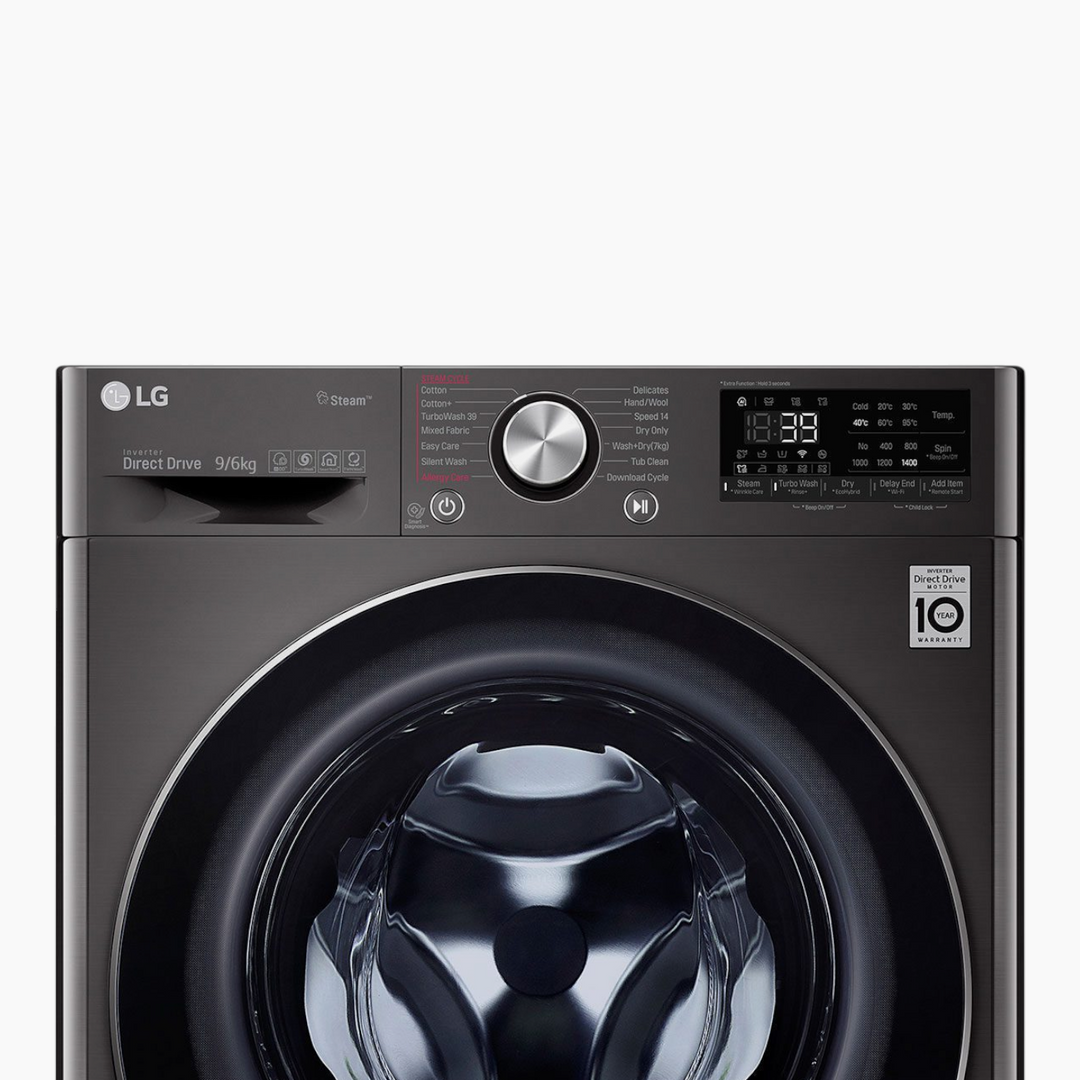 LG Front Load Washer &amp; Dryer 9/6KG, AI DD TurboWash 360 Black Steel