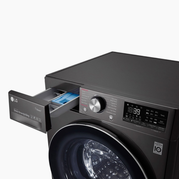 LG Front Load Washer &amp; Dryer 9/6KG, AI DD TurboWash 360 Black Steel