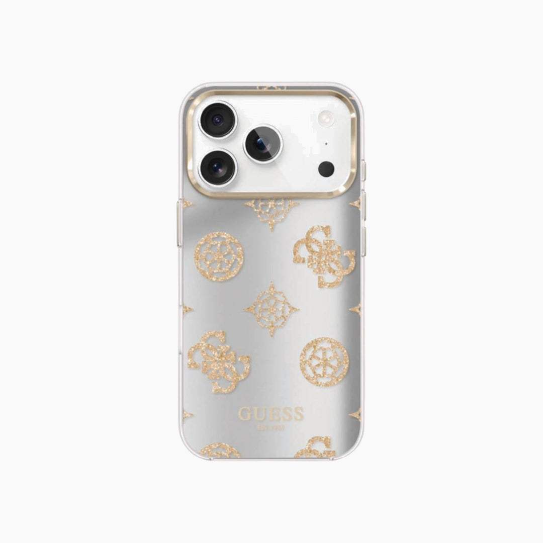 GUESS iPhone 17 peony glitter case with gold camera frame
