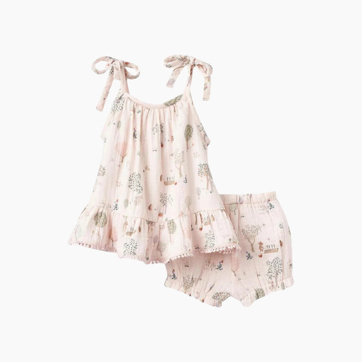 Elegant Baby Garden Picnic Lace Edge Organic Muslin Tie Top Bloomer Set