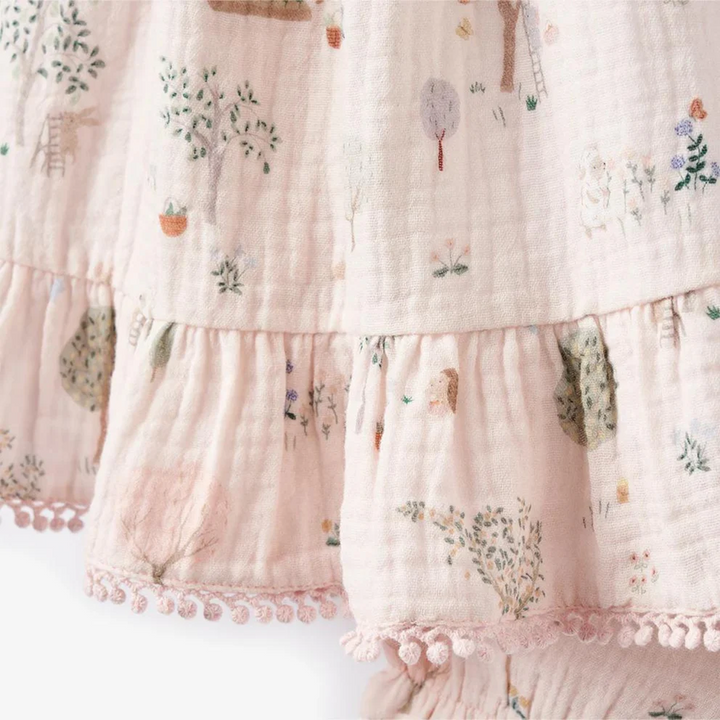 Elegant Baby Garden Picnic Lace Edge Organic Muslin Tie Top Bloomer Set