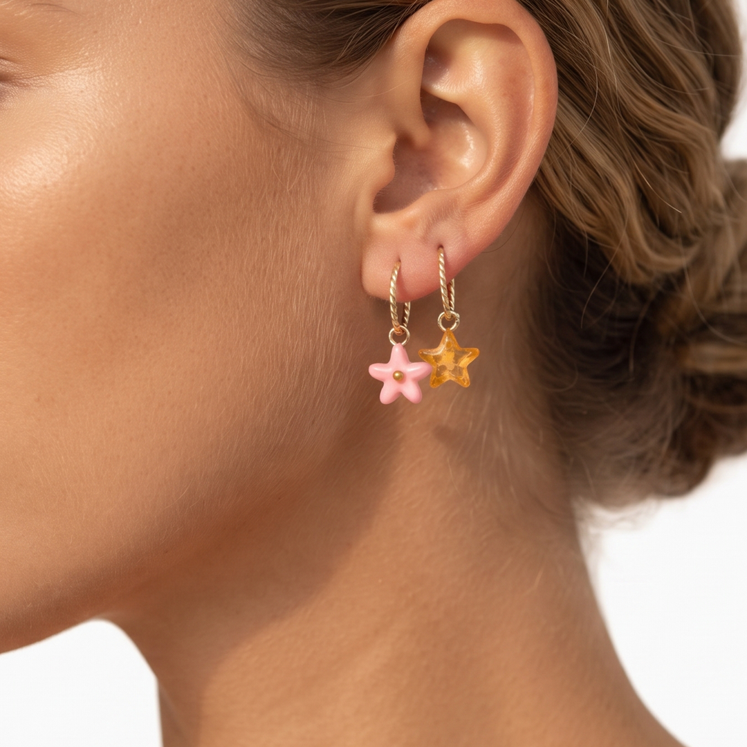 Yellow Star Ear Cuff And Pink Flower Ear Cuff