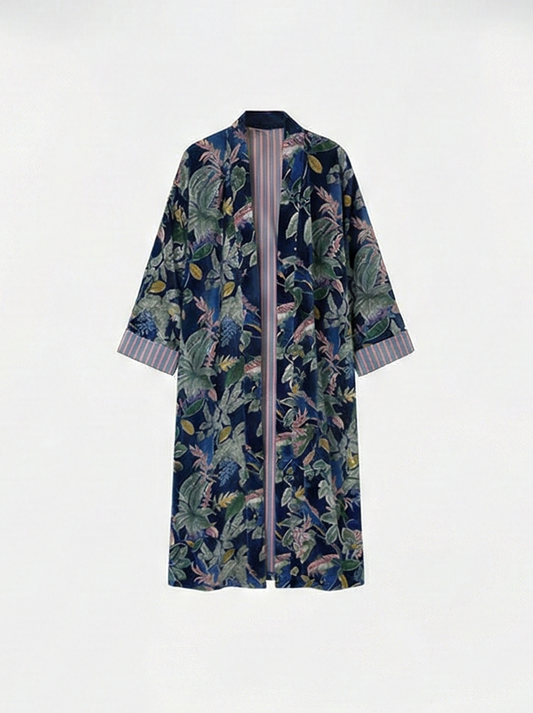 Sanjana And Me Tropical Nights Velvet Deep Blue Botanical Kimono